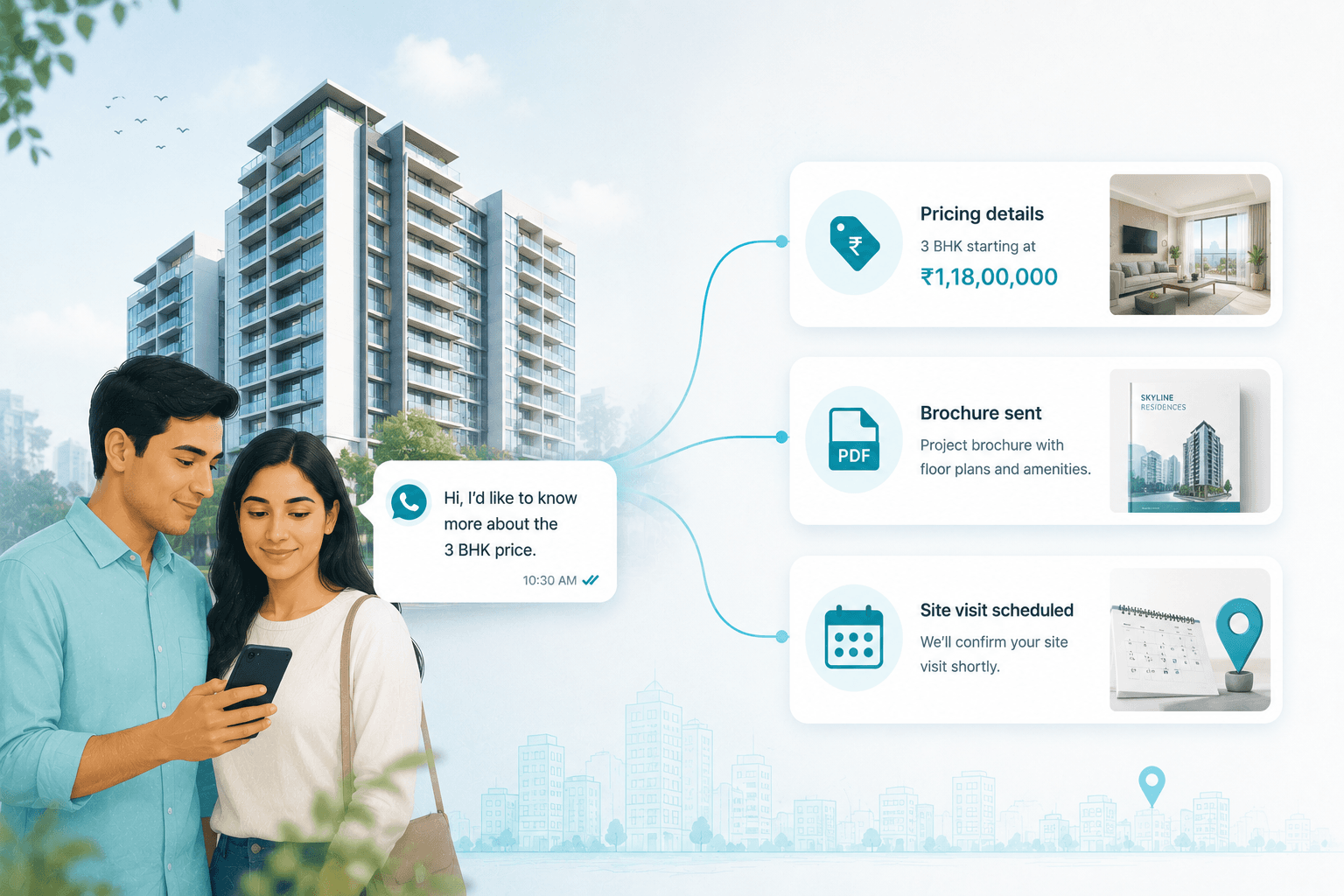 Real estate WhatsApp lead workflow from property inquiry to sales inbox and site visit confirmation